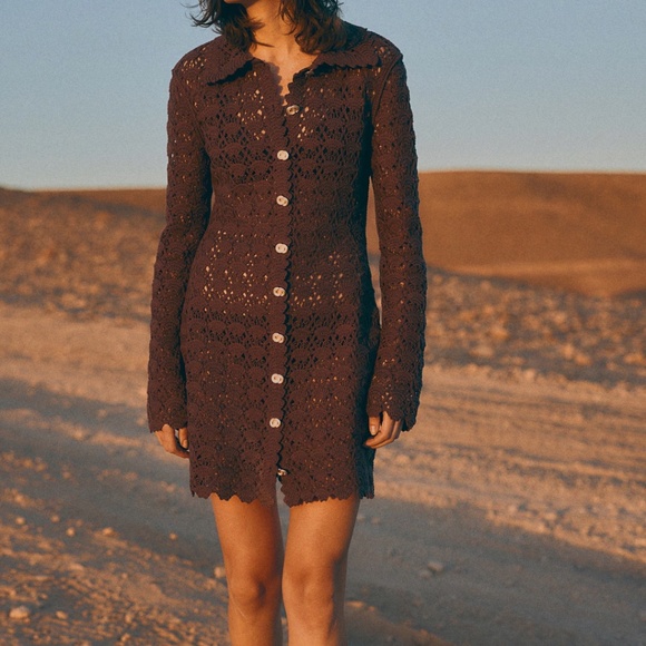 NWT H&M Limited Edition Women Crochet-look Knitted dress Dark Brown Solid colour - Picture 3 of 5